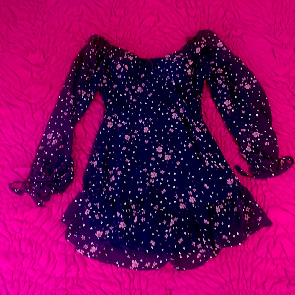 Blue dress long sleeves. Tie at wrist. Back zipper